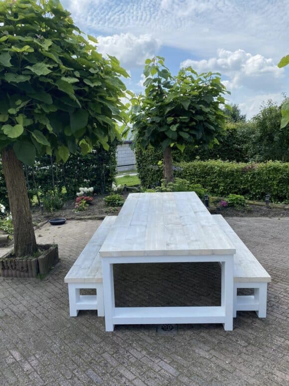 Steigerhouten tafel Tula met wit onderstel