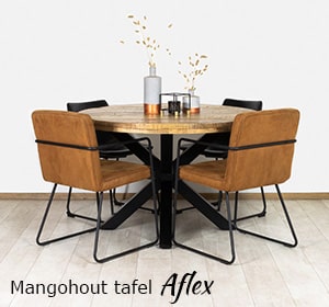 Mangohout tafel Aflex met rond blad en matrixpoot